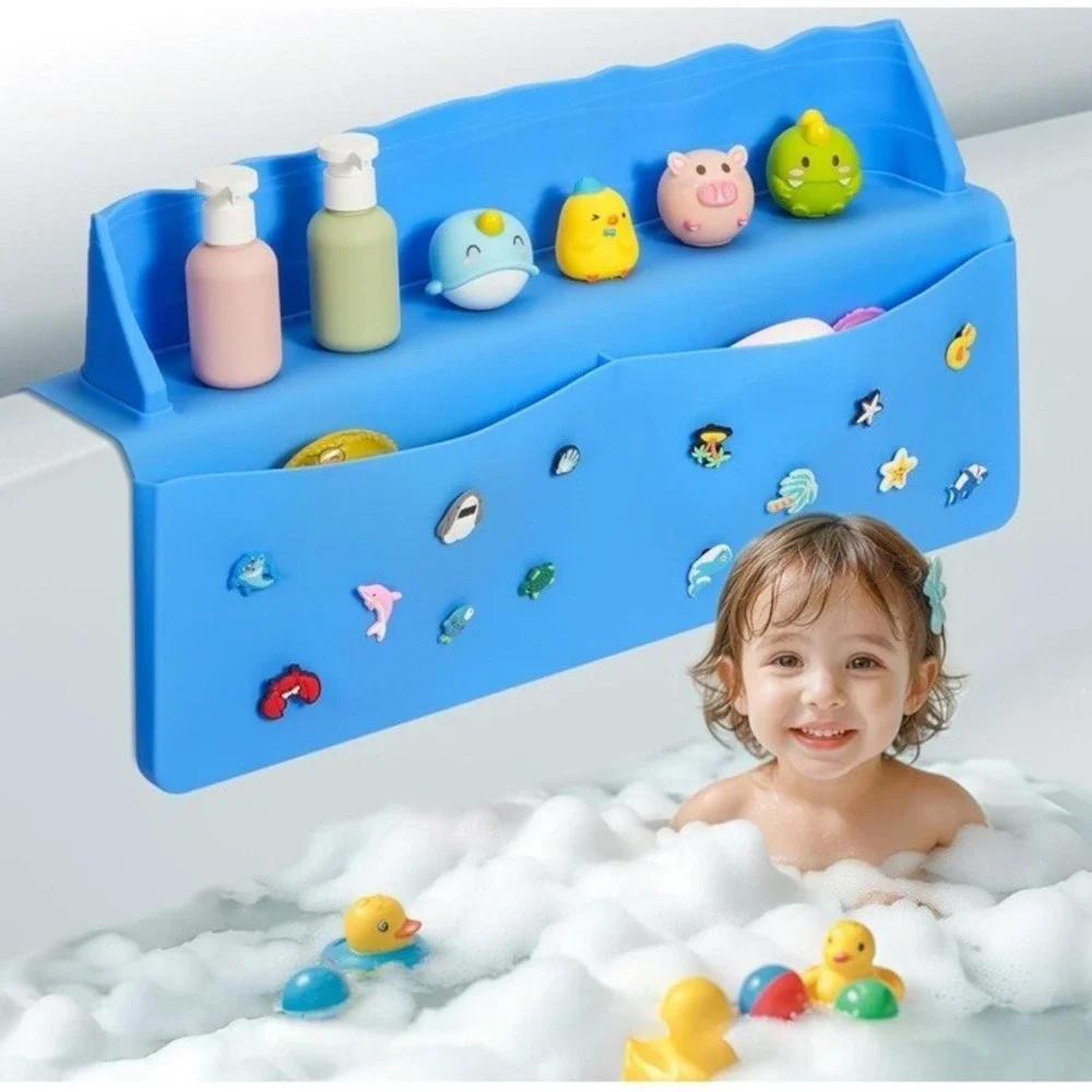 Ikkle Splash Guard For Bathtub Silicon Kids Bath Tub Shelf And Organizer